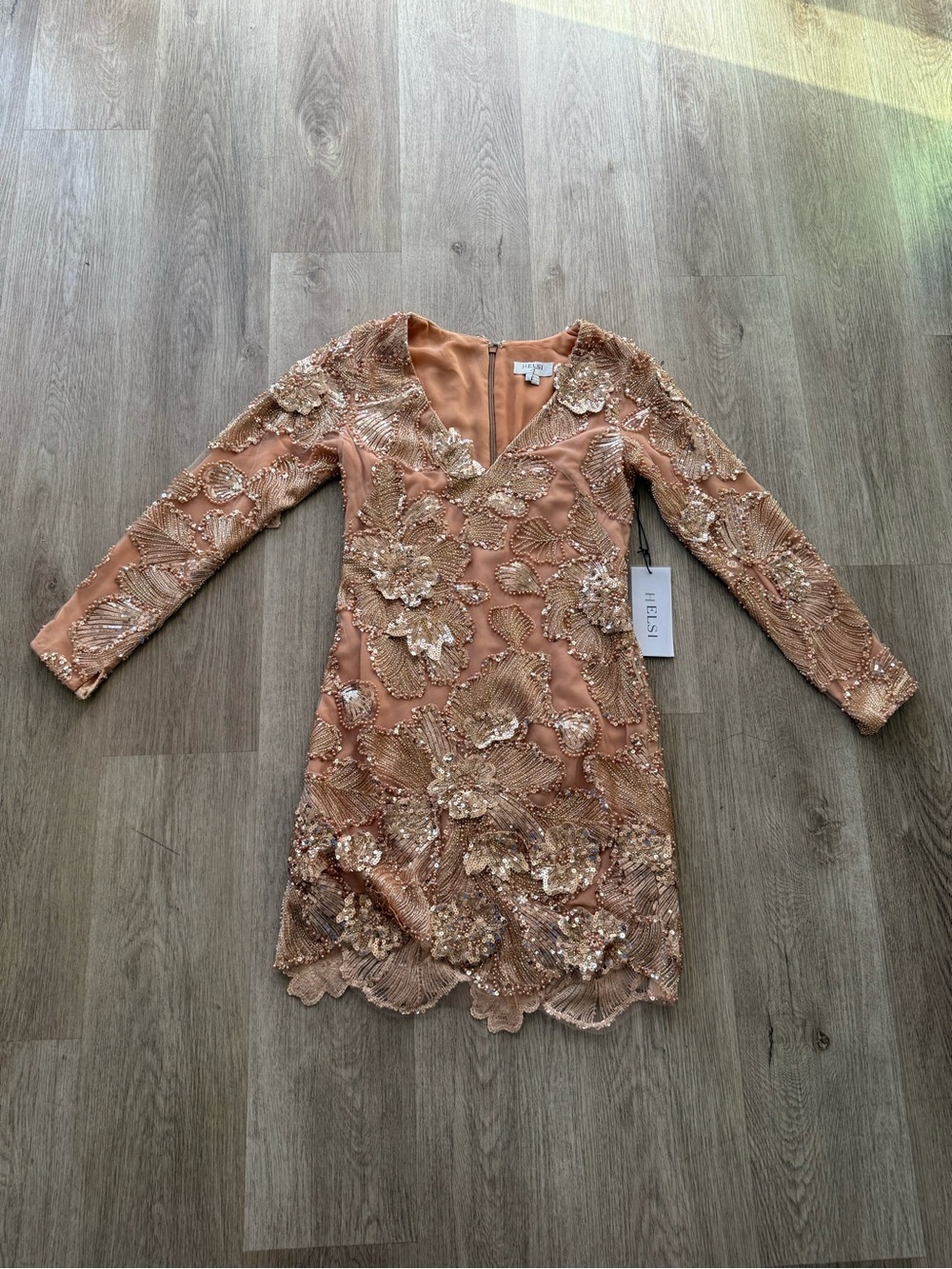 helis toni gold 3d floral sequin & bead embellished long sleeve mini dress XS